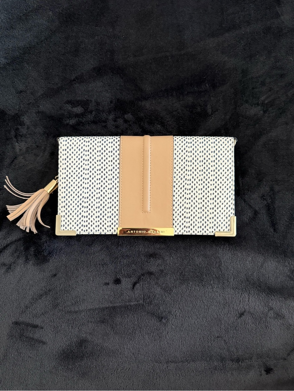 ANTONIO MELANI White Speckled and Tan Tassel Wallet Clutch